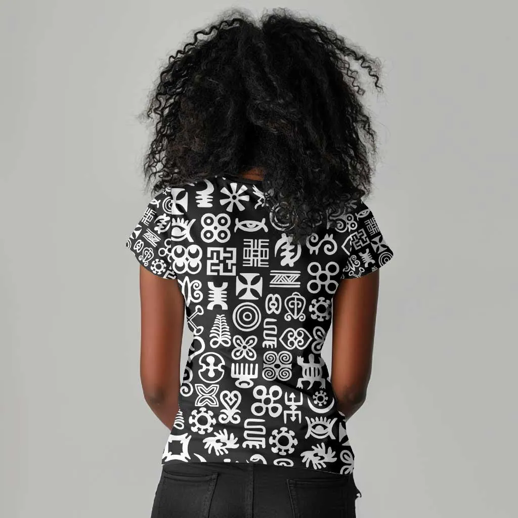 African Adinkra Women V-Neck T-Shirt - Mixed Pattern Symbols DT02