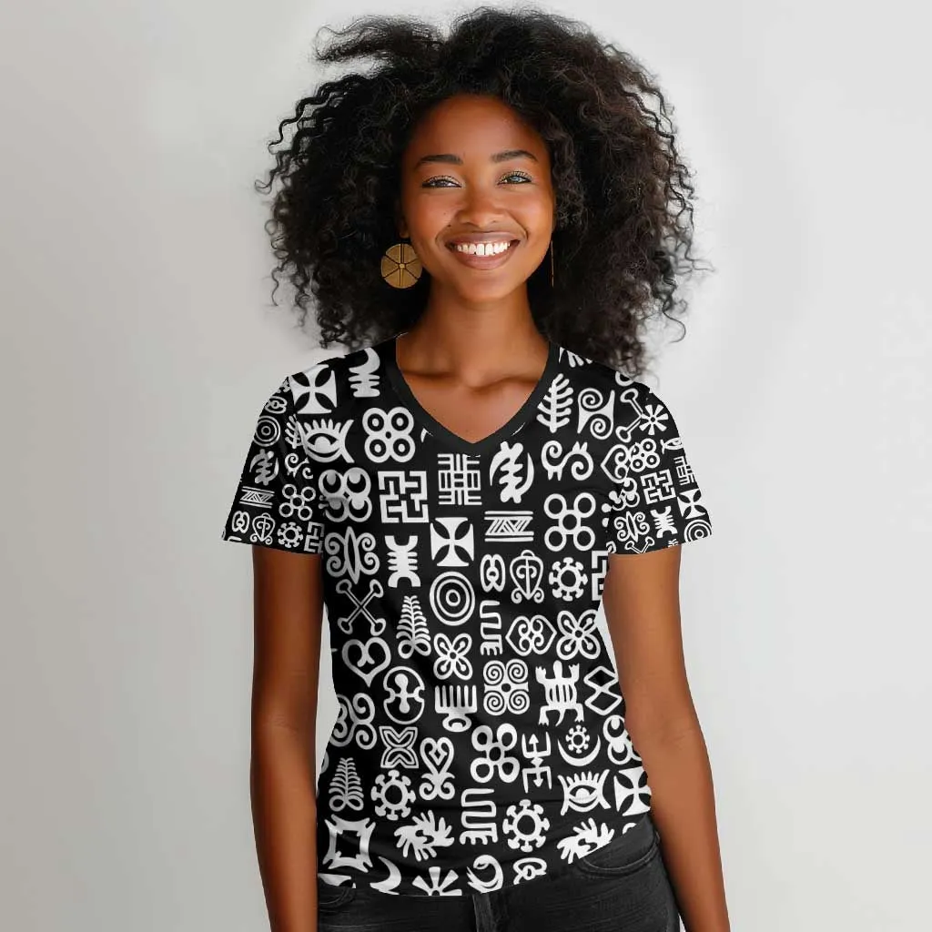 African Adinkra Women V-Neck T-Shirt - Mixed Pattern Symbols DT02