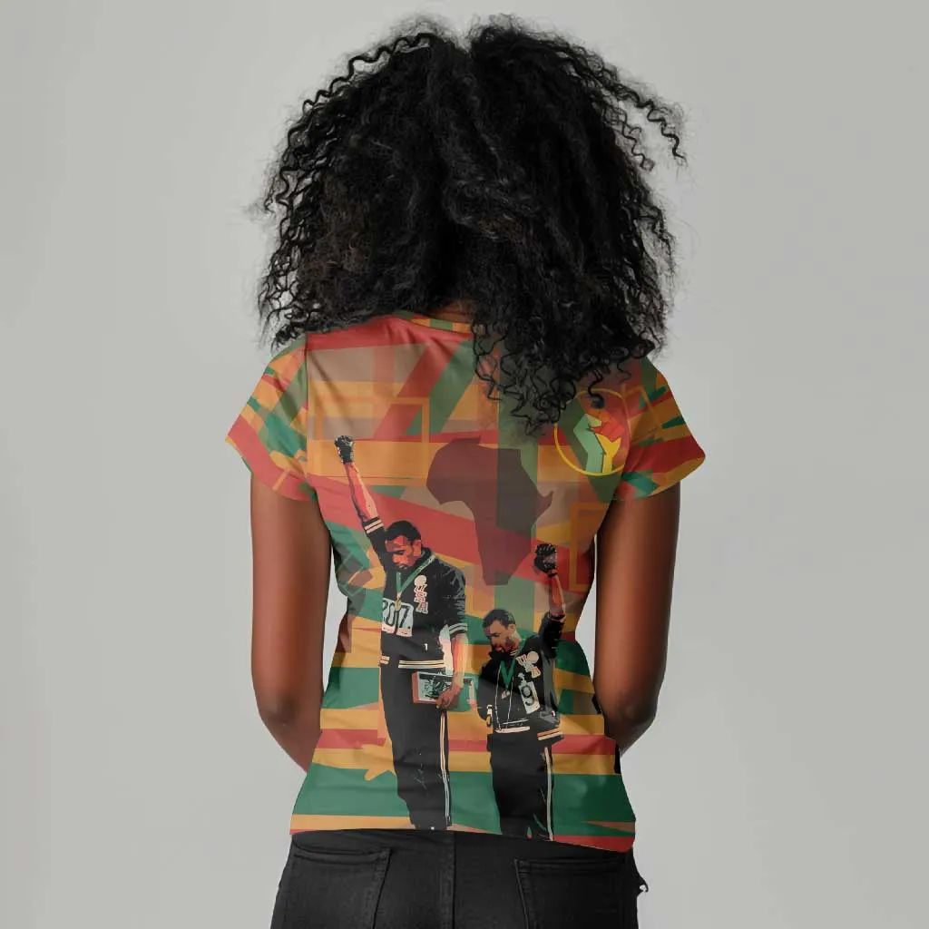 African American 1968 Women V-Neck T-Shirt Black Power Fists of Freedom DT03