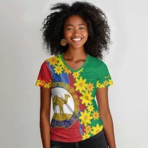 Afro Eritrea New Year Personalized Women V-Neck T-Shirt Enkutatash Adey Abeba Flower Art LT9
