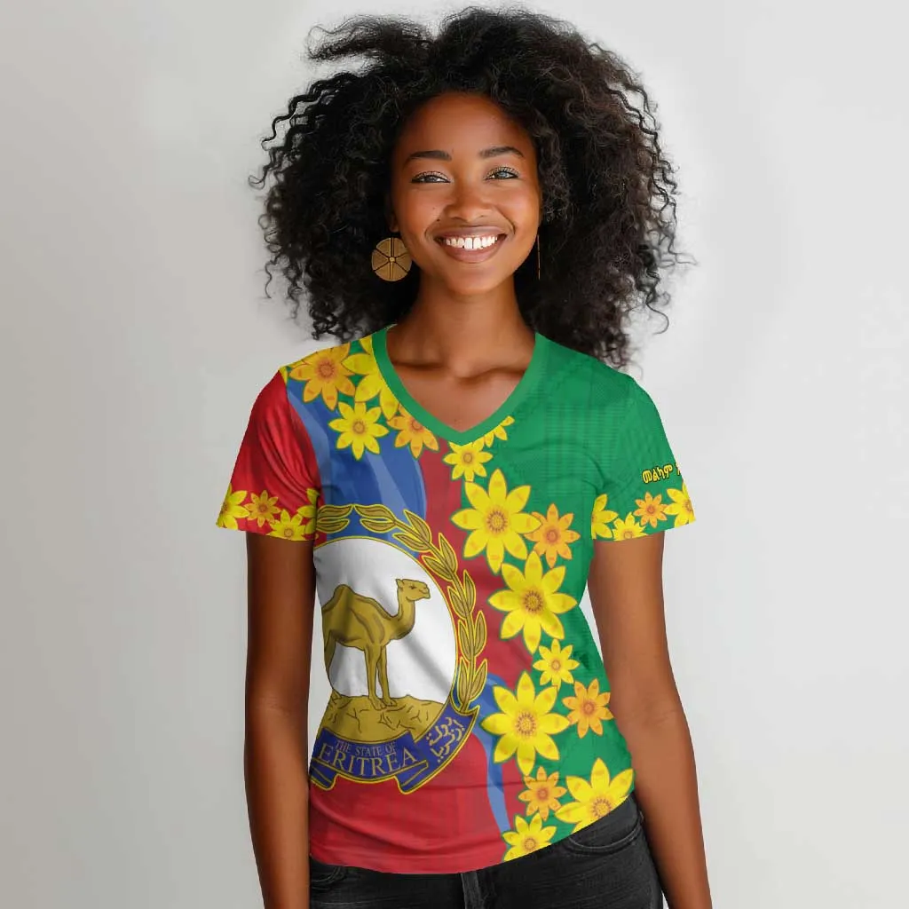 Afro Eritrea New Year Personalized Women V-Neck T-Shirt Enkutatash Adey Abeba Flower Art LT9