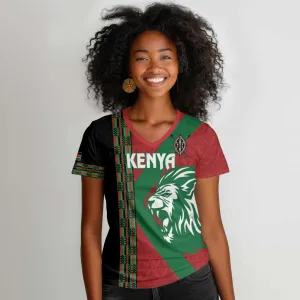 Afro Kenya Rugby Custom Women V-Neck T-Shirt Go Lionesses - African Pattern LT14