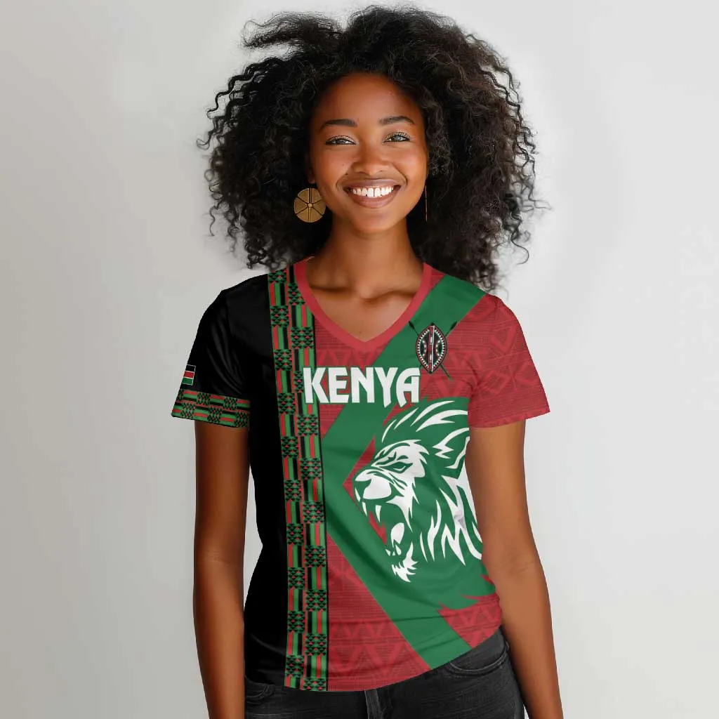 Afro Kenya Rugby Custom Women V-Neck T-Shirt Go Lionesses - African Pattern LT14