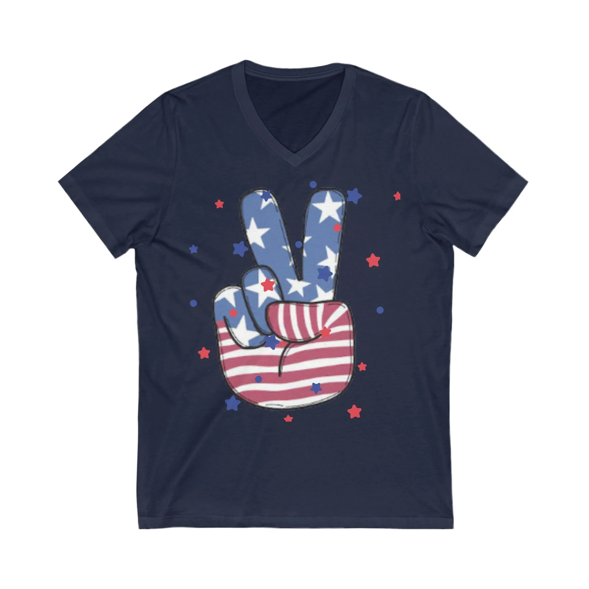 American Peace Hand  - Unisex JERSEY Short Sleeve V-Neck Tee | 4th of July Outfit | Patriotic Graphic Tee | Independence Day Unisex Jersey Short Sleeve V-Neck Tee | Let Peace Ring.