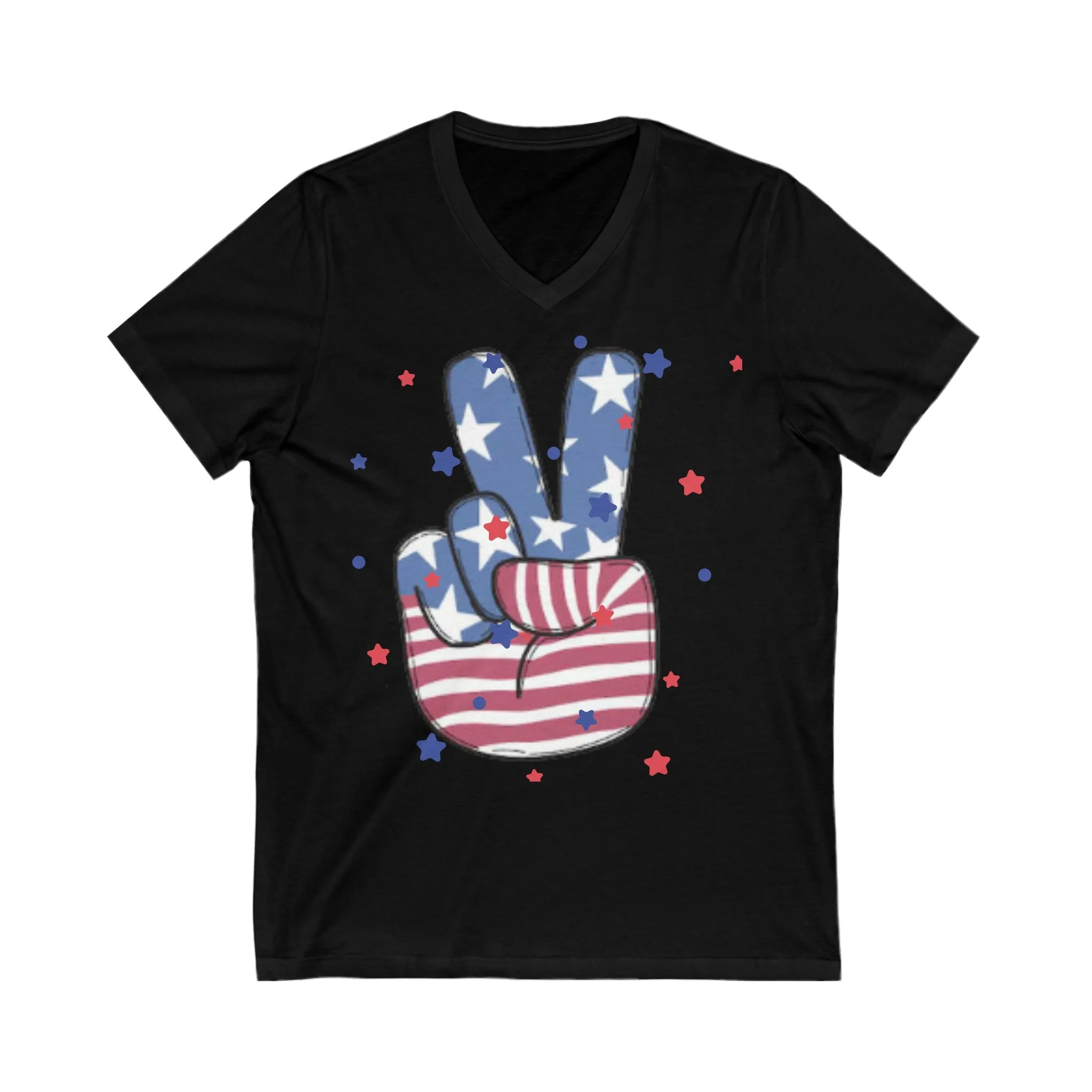 American Peace Hand  - Unisex JERSEY Short Sleeve V-Neck Tee | 4th of July Outfit | Patriotic Graphic Tee | Independence Day Unisex Jersey Short Sleeve V-Neck Tee | Let Peace Ring.