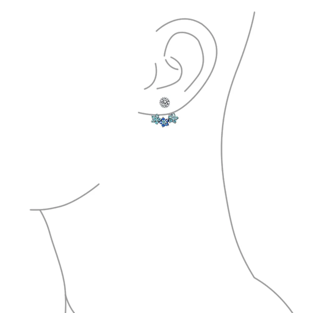Aqua Blue CZ Flower Fan Earring Jacket Sterling Silver Studs