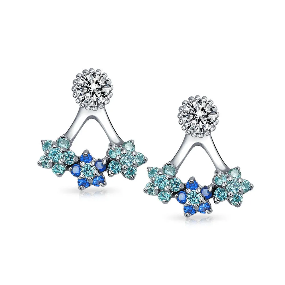 Aqua Blue CZ Flower Fan Earring Jacket Sterling Silver Studs