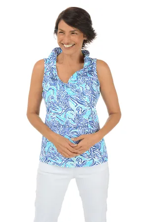 Aqua Zebra UPF50  Ruffle Sleeveless Top