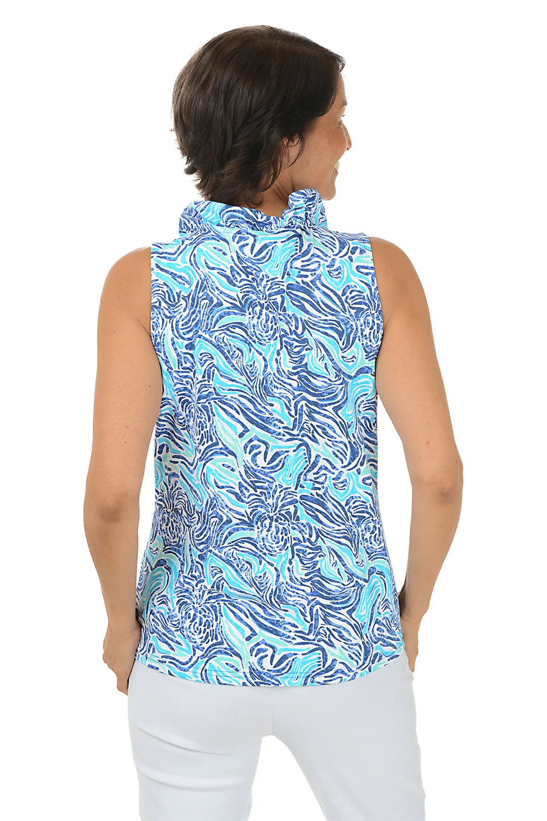 Aqua Zebra UPF50  Ruffle Sleeveless Top