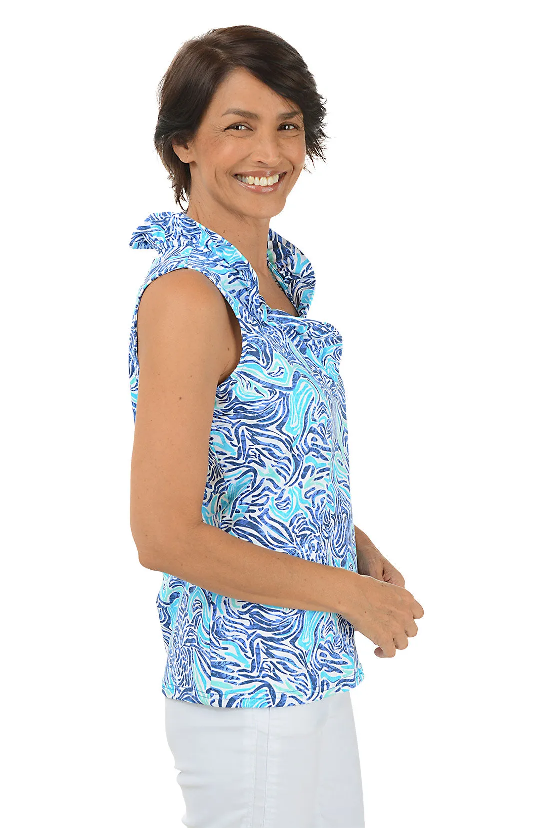 Aqua Zebra UPF50  Ruffle Sleeveless Top