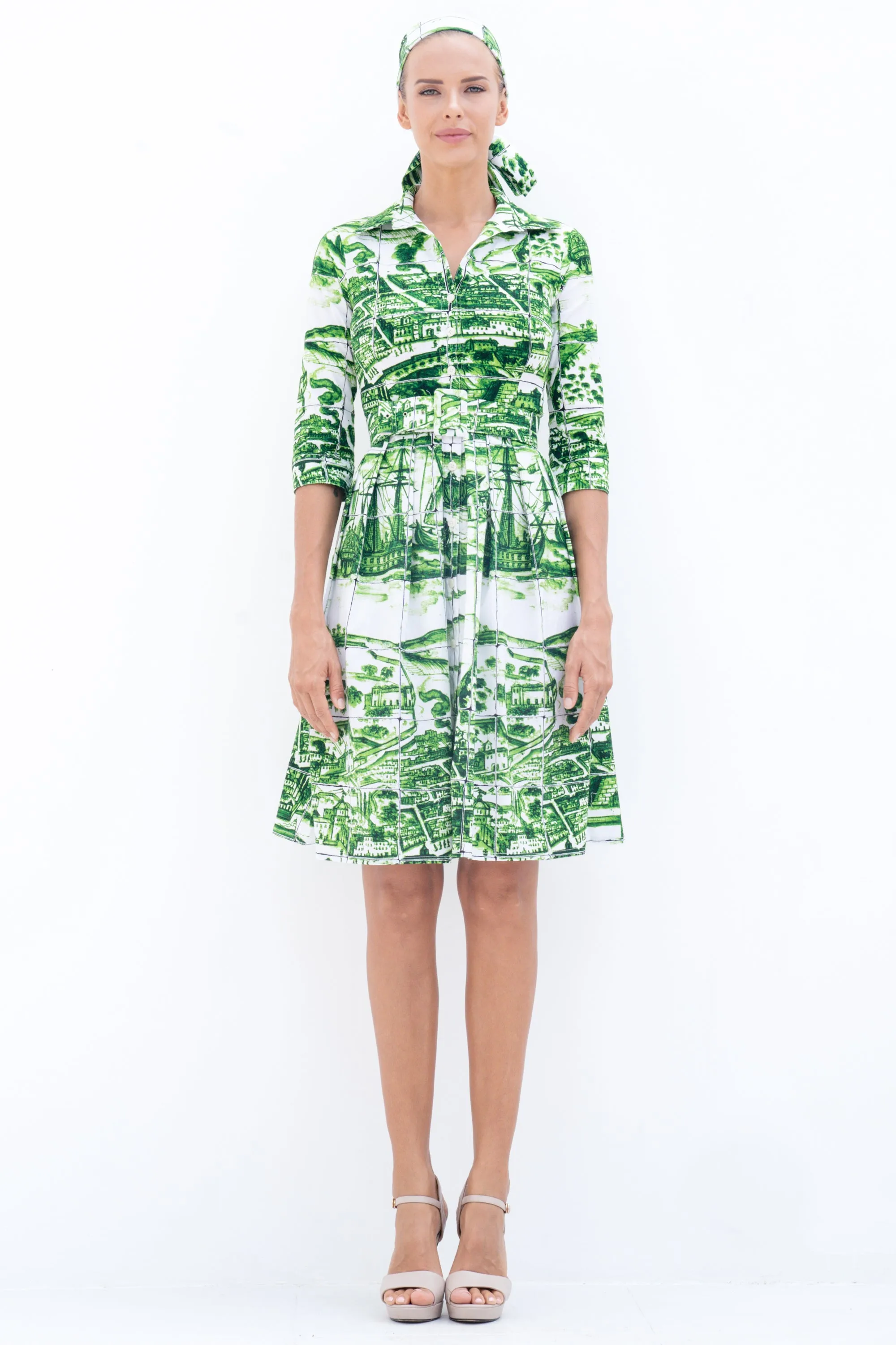 Audrey Dress #1 Shirt Collar 3/4 Sleeve Cotton Stretch (Azulejo All Over)