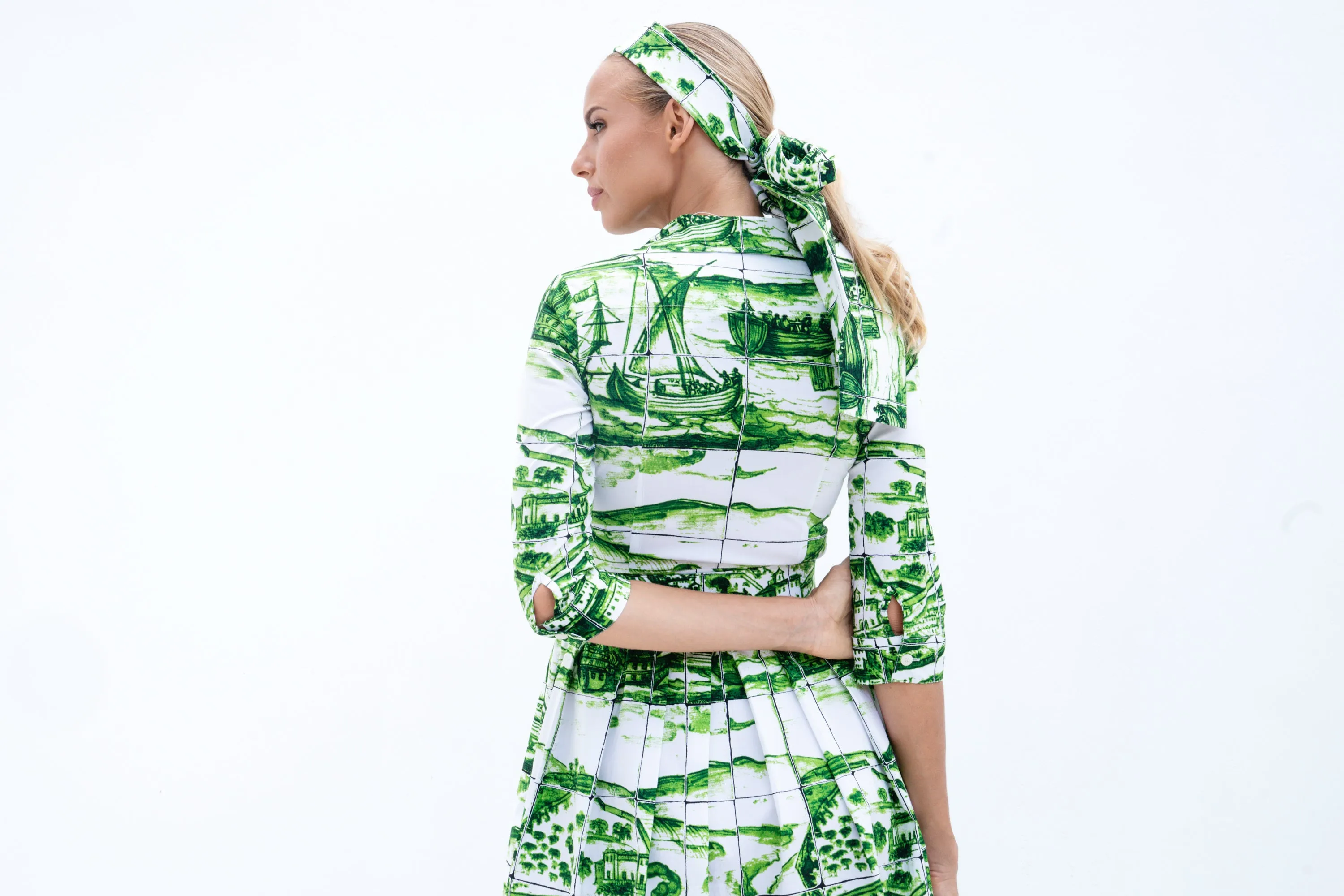 Audrey Dress #1 Shirt Collar 3/4 Sleeve Cotton Stretch (Azulejo All Over)