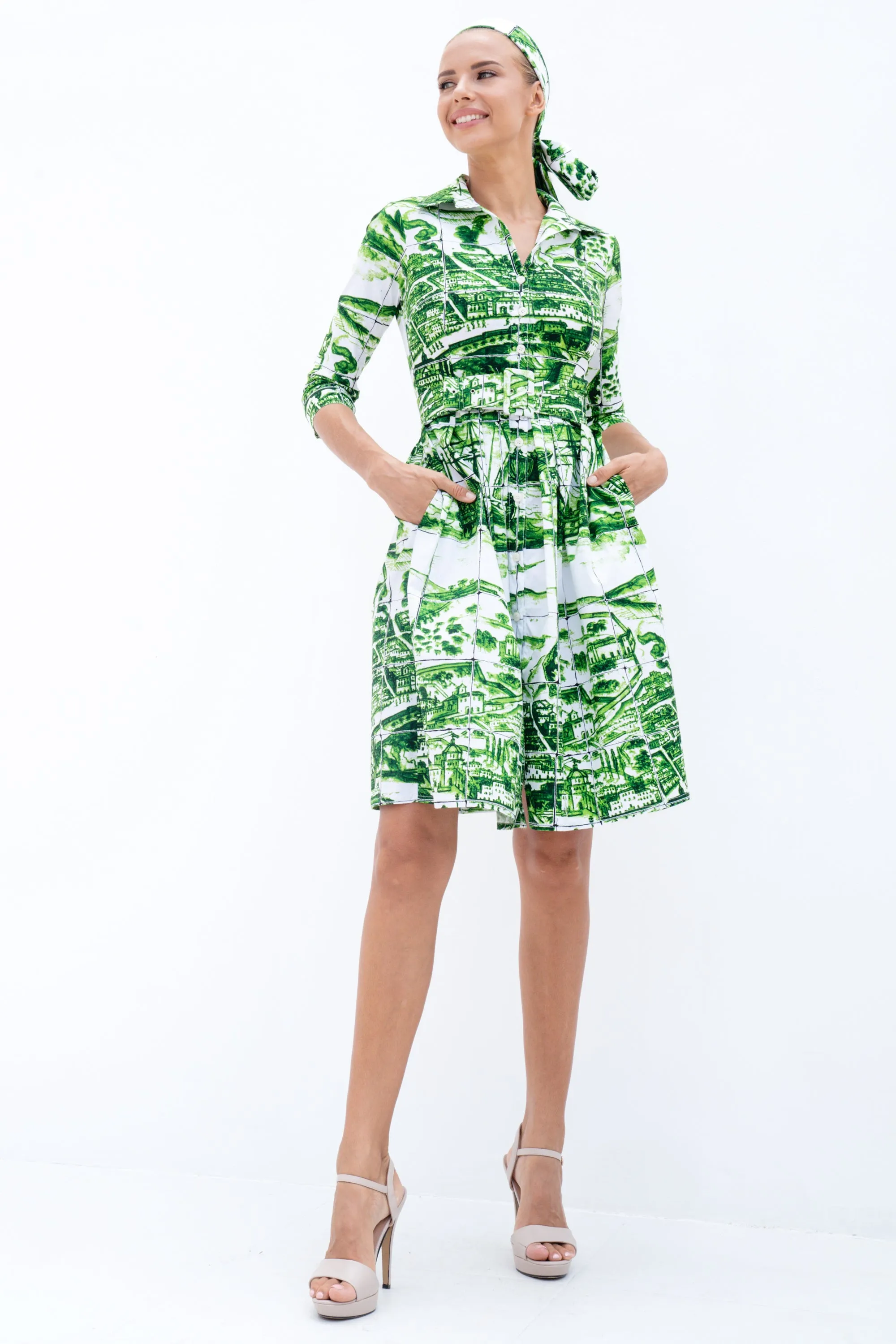 Audrey Dress #1 Shirt Collar 3/4 Sleeve Cotton Stretch (Azulejo All Over)