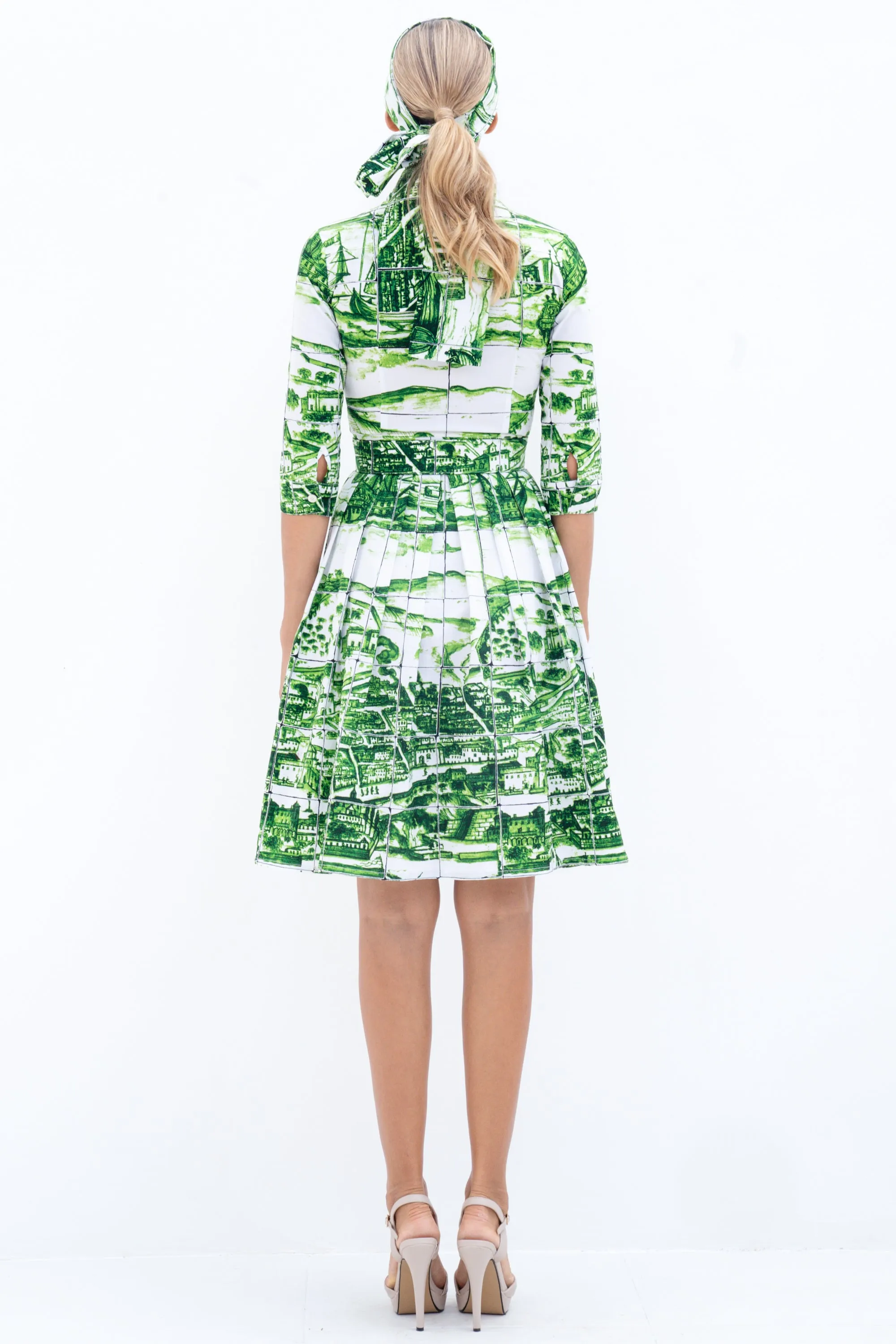 Audrey Dress #1 Shirt Collar 3/4 Sleeve Cotton Stretch (Azulejo All Over)