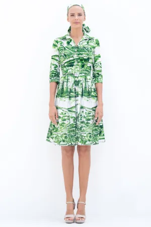 Audrey Dress #1 Shirt Collar 3/4 Sleeve Cotton Stretch (Azulejo All Over)