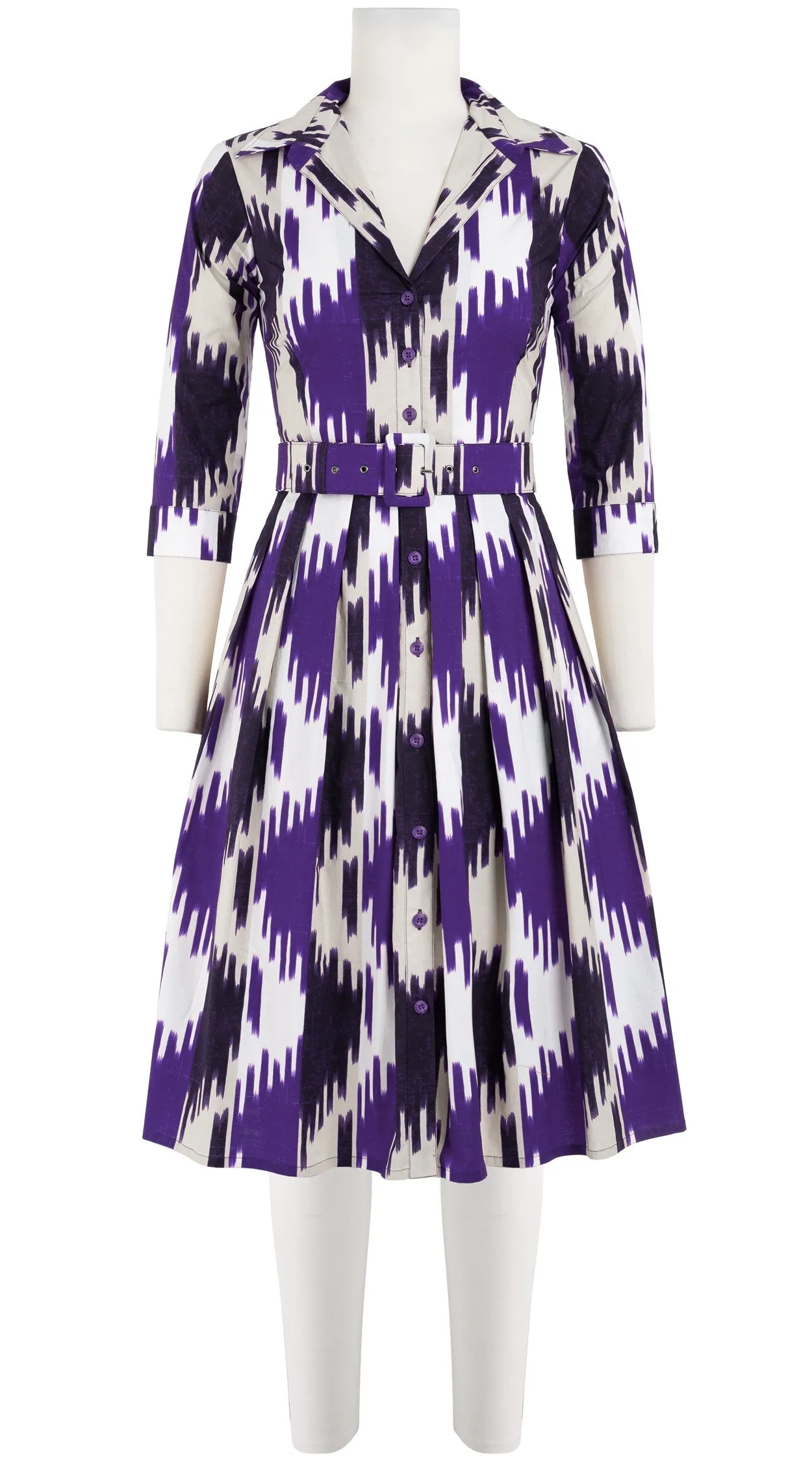 Audrey Dress #1 Shirt Collar 3/4 Sleeve Cotton Stretch (Ikat Oxus)