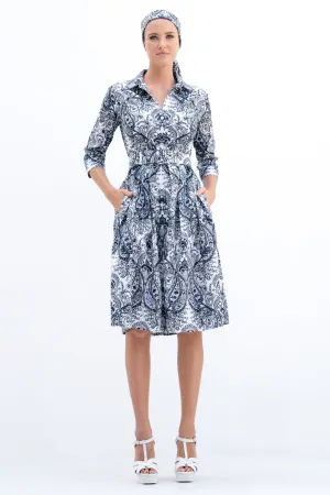 Audrey Dress #1 Shirt Collar 3/4 Sleeve Cotton Stretch (Russian Paisley)