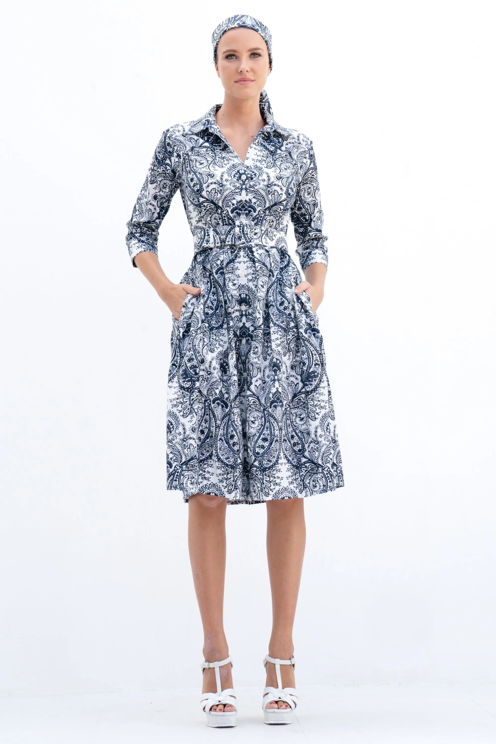 Audrey Dress #1 Shirt Collar 3/4 Sleeve Cotton Stretch (Russian Paisley)