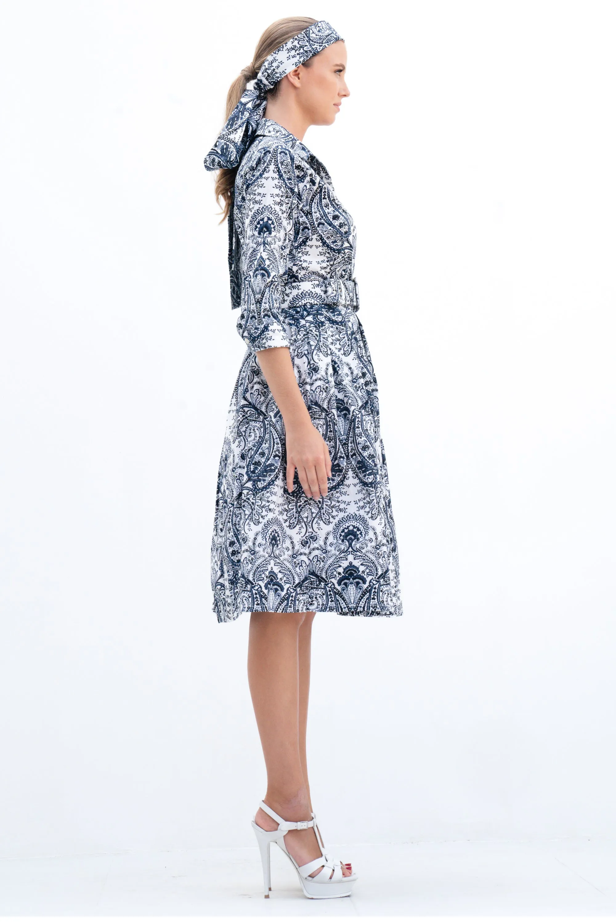 Audrey Dress #1 Shirt Collar 3/4 Sleeve Cotton Stretch (Russian Paisley)