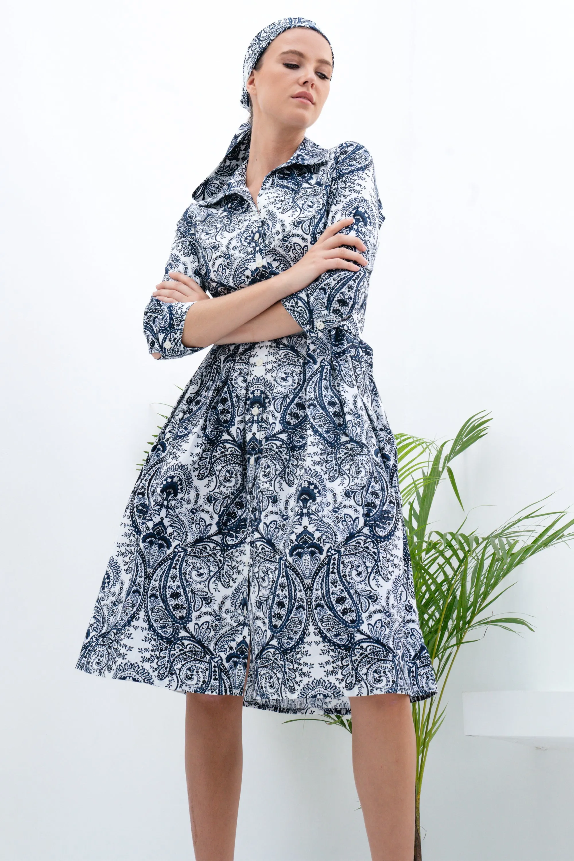 Audrey Dress #1 Shirt Collar 3/4 Sleeve Cotton Stretch (Russian Paisley)