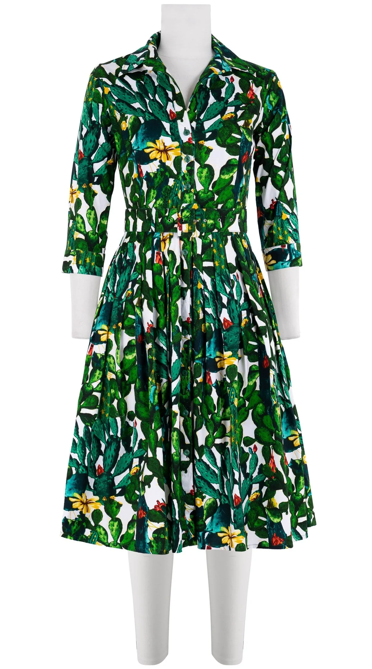 Audrey Dress #2 Shirt Collar 3/4 Sleeve Cotton Stretch (Cactus Paradise Bright)