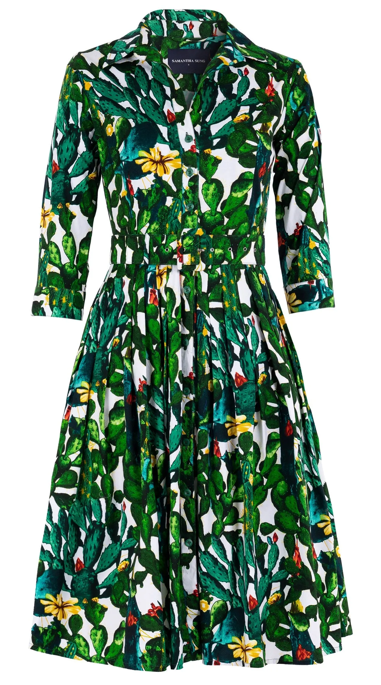 Audrey Dress #2 Shirt Collar 3/4 Sleeve Cotton Stretch (Cactus Paradise Bright)