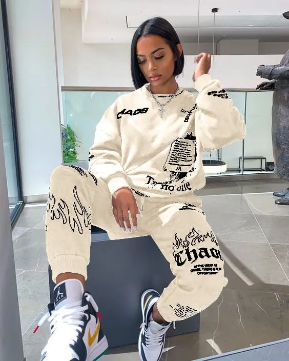 BerryBetty - Trends Women Tracksuit 2 Piece Set Autumn Letter Print Oversized Hoodies Sweatshirt Joggers Pants Suit Sweatpants Outfits Matching Set