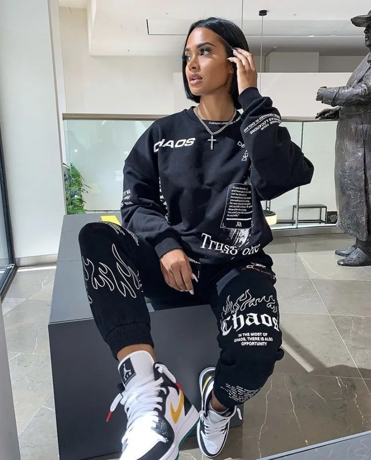 BerryBetty - Trends Women Tracksuit 2 Piece Set Autumn Letter Print Oversized Hoodies Sweatshirt Joggers Pants Suit Sweatpants Outfits Matching Set