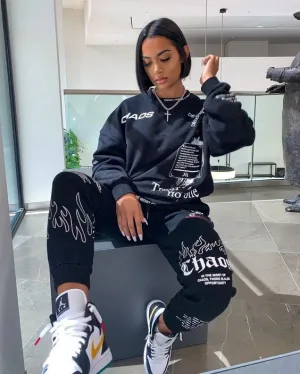 BerryBetty - Trends Women Tracksuit 2 Piece Set Autumn Letter Print Oversized Hoodies Sweatshirt Joggers Pants Suit Sweatpants Outfits Matching Set