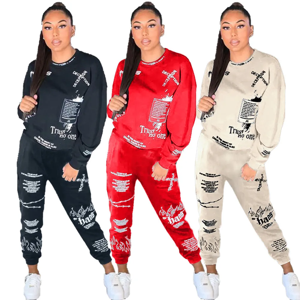 BerryBetty - Trends Women Tracksuit 2 Piece Set Autumn Letter Print Oversized Hoodies Sweatshirt Joggers Pants Suit Sweatpants Outfits Matching Set