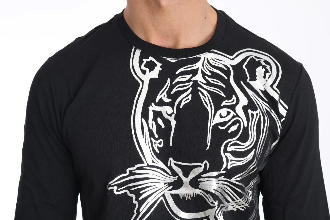 Black Cotton Silver Tiger Crewneck Pullover