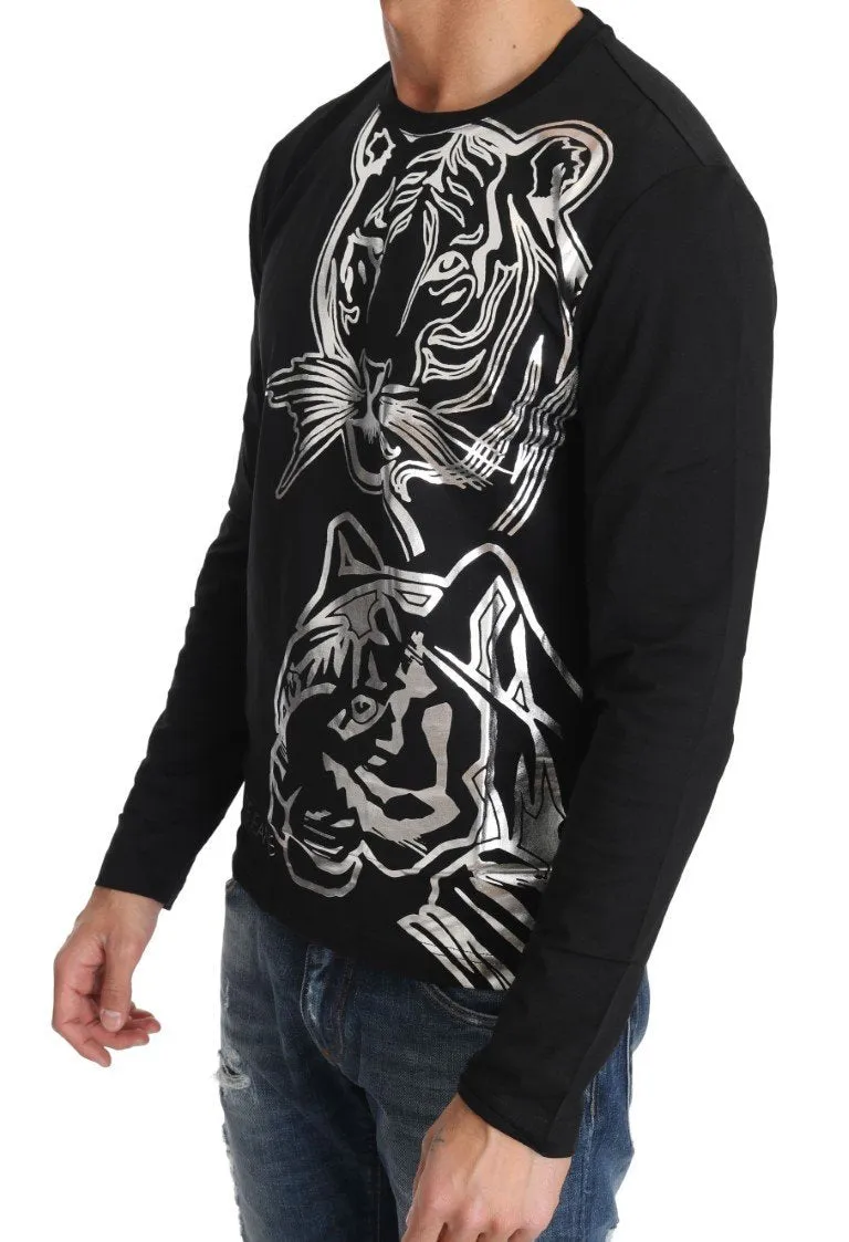 Black Cotton Silver Tiger Crewneck Pullover