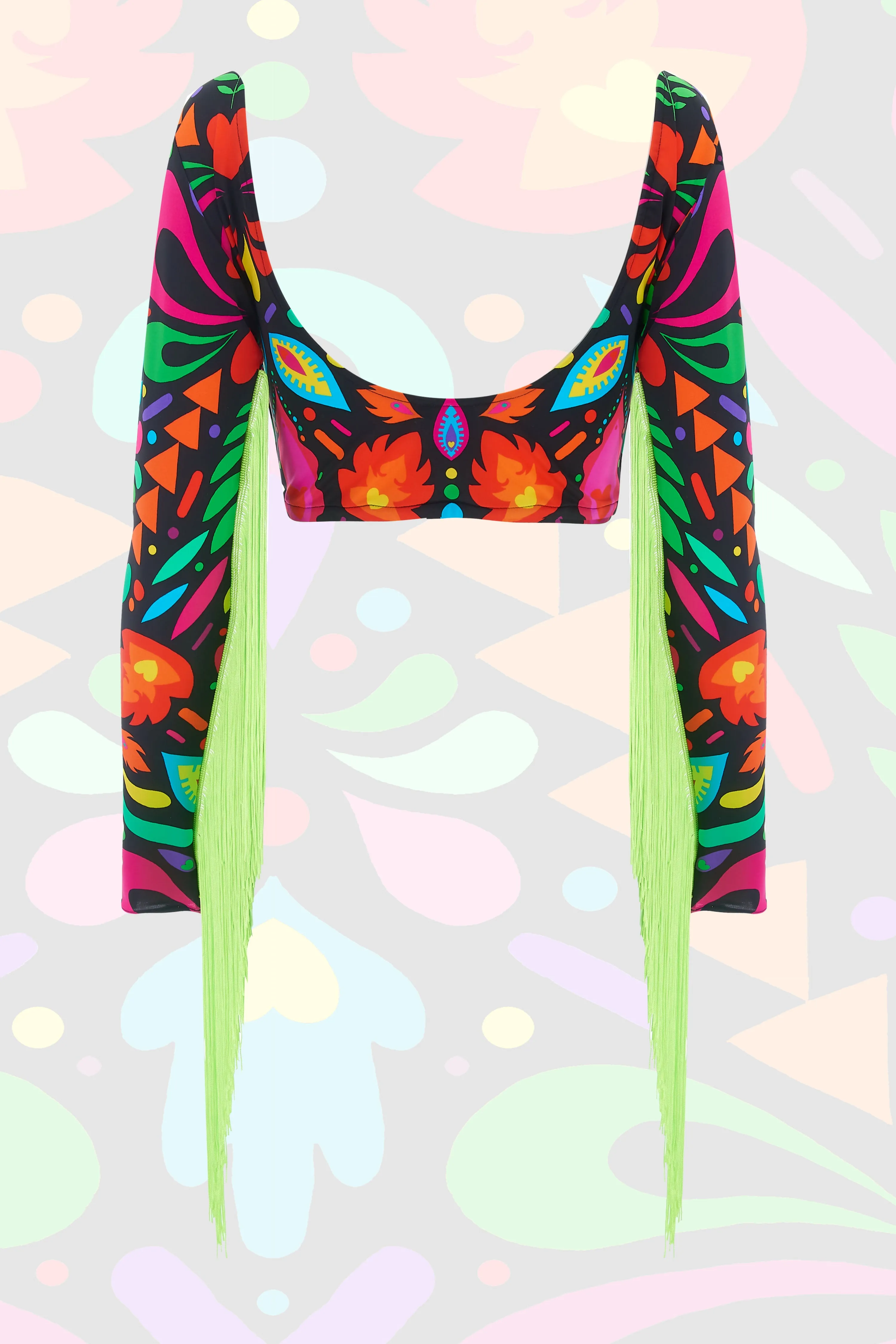 Black Fringed Lycra Crop Top with Femina Magicae Print