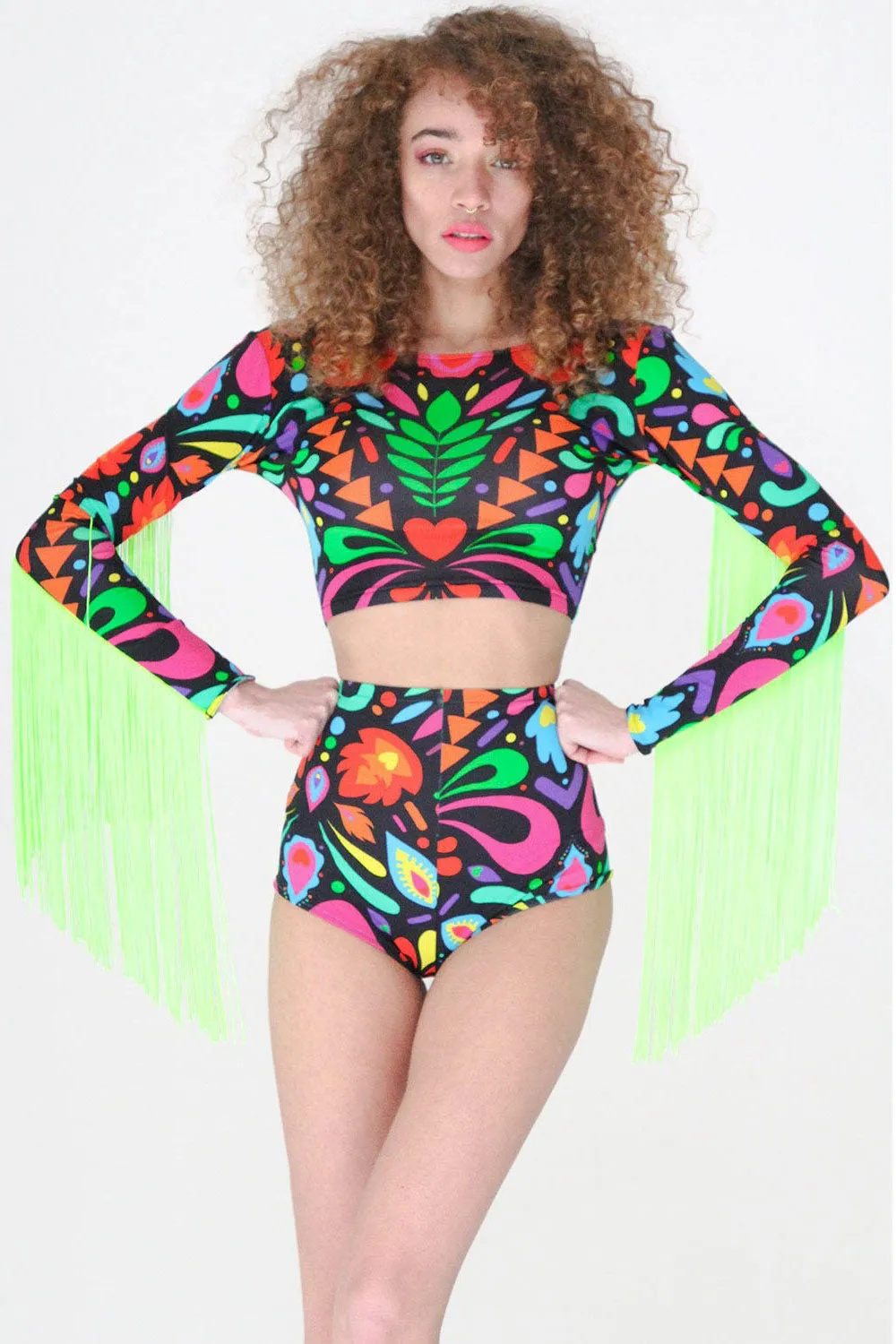 Black Fringed Lycra Crop Top with Femina Magicae Print
