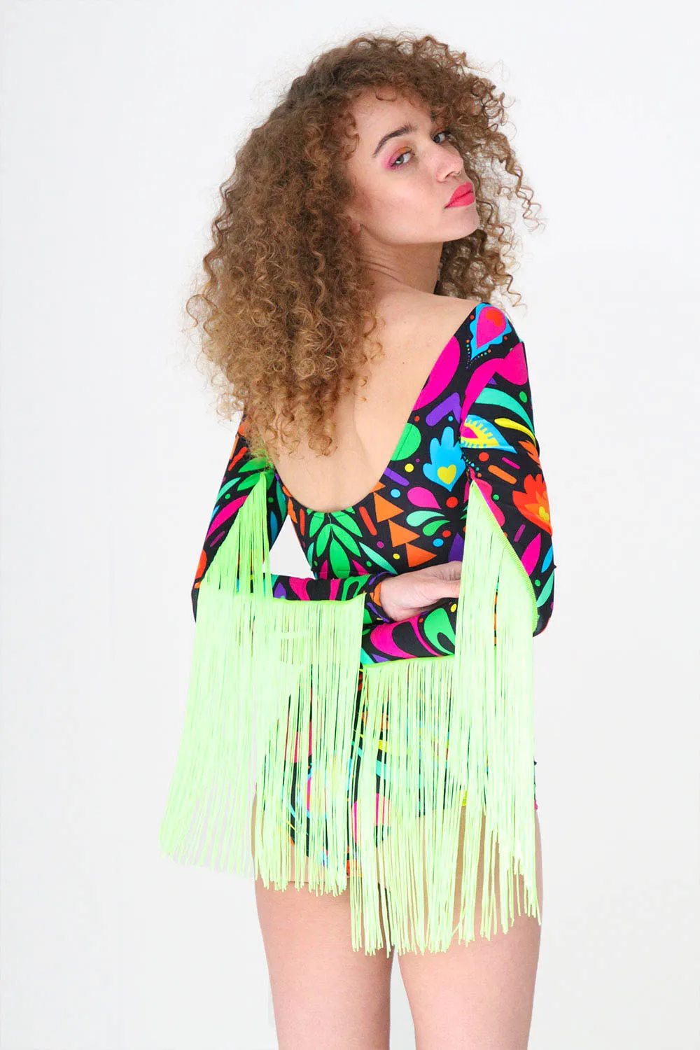 Black Fringed Lycra Crop Top with Femina Magicae Print