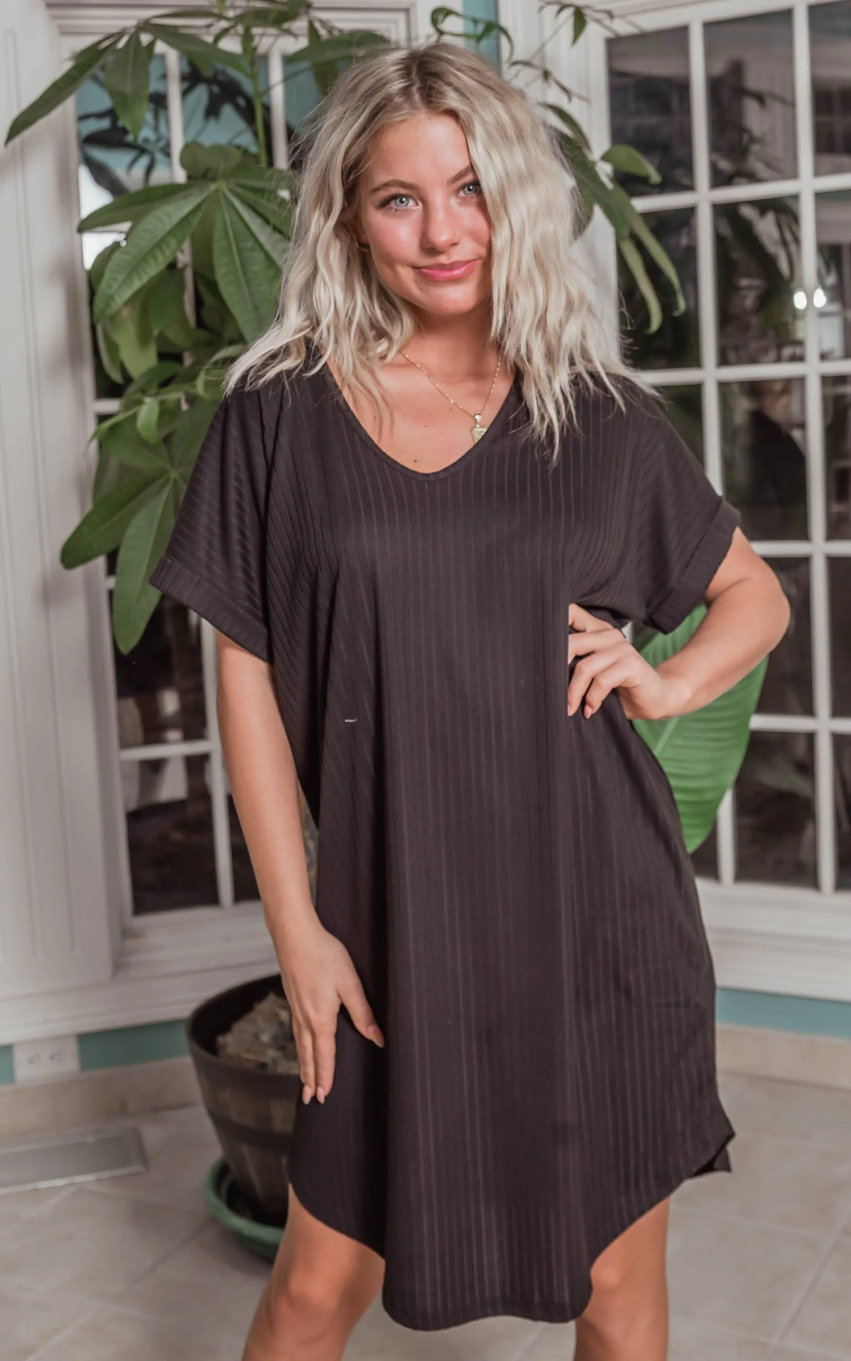 Black Ribbed Knit T-Shirt Dress - Final Sale