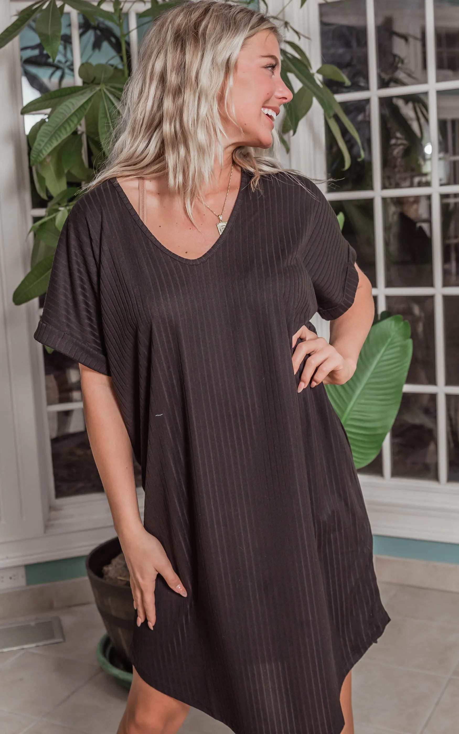 Black Ribbed Knit T-Shirt Dress - Final Sale