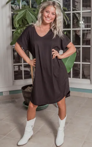 Black Ribbed Knit T-Shirt Dress - Final Sale