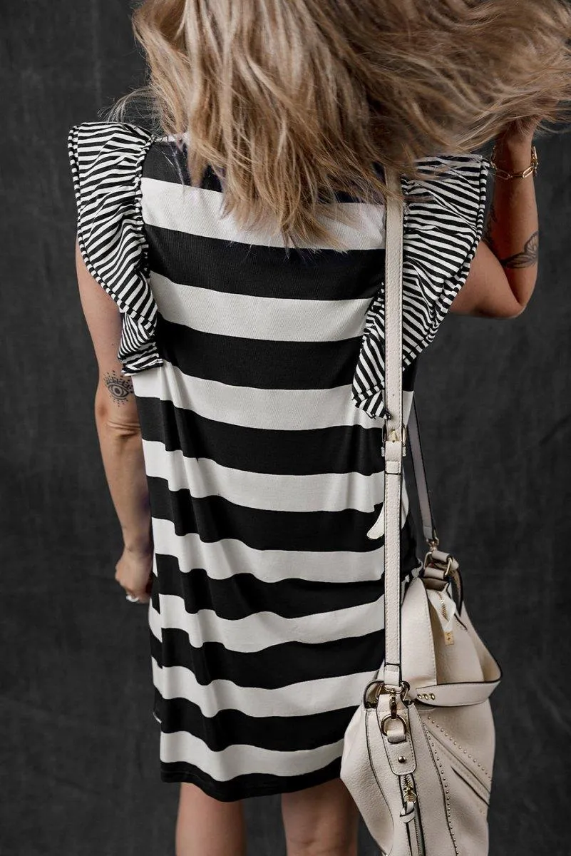 Black Ruffled Stripe T-shirt Dress