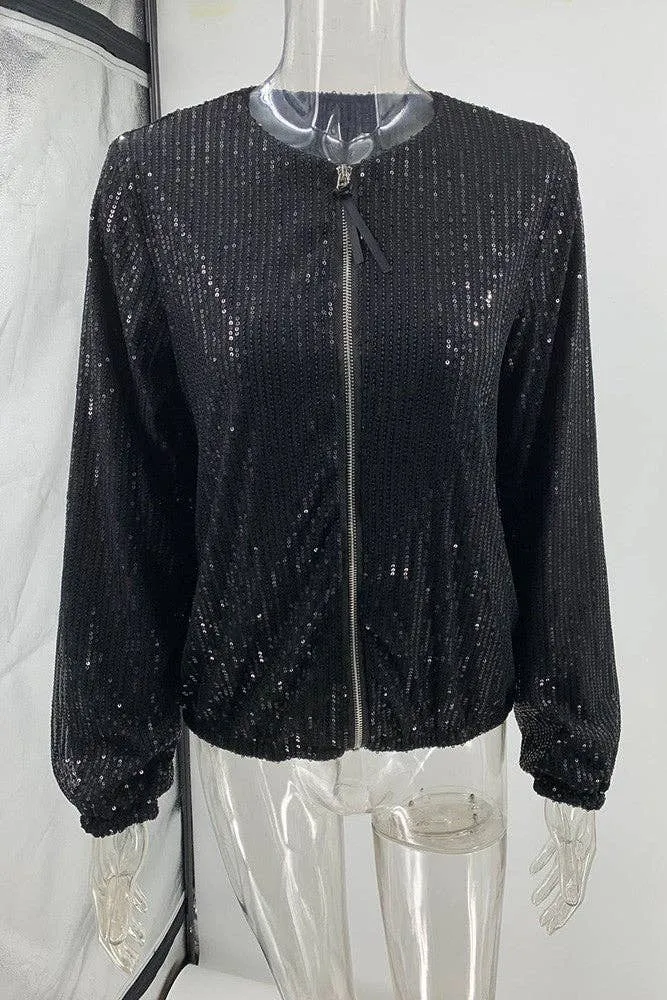Black Sequin Zip Up Jacket