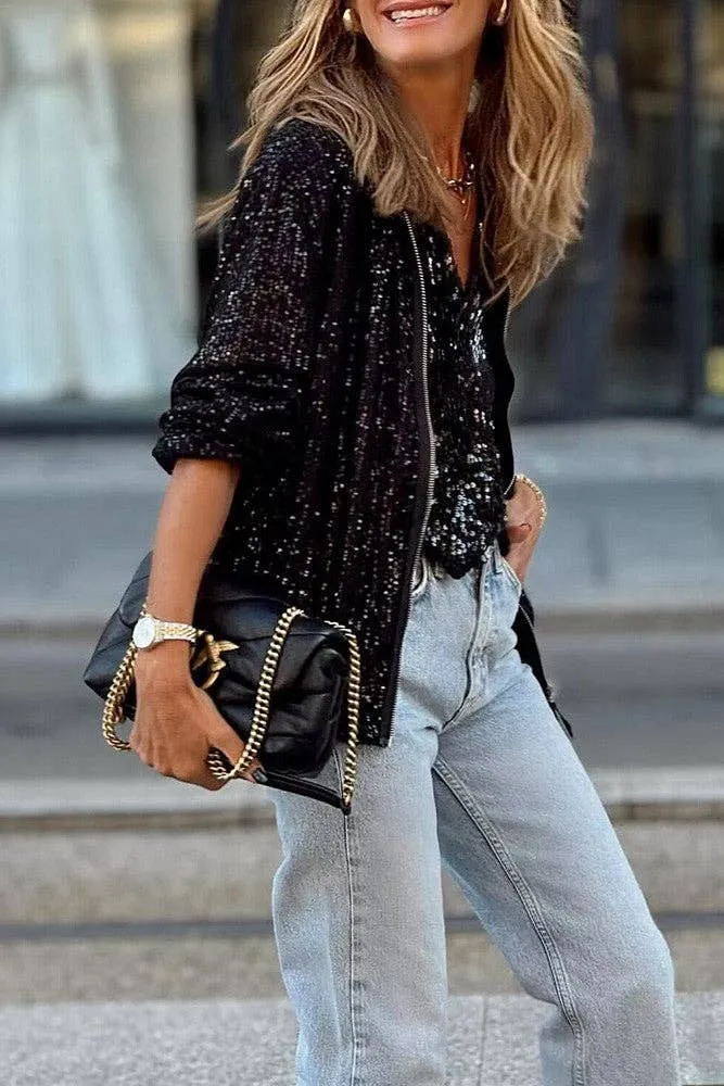 Black Sequin Zip Up Jacket