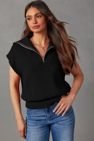 Black Zip up Collared Cap Sleeve Sweater