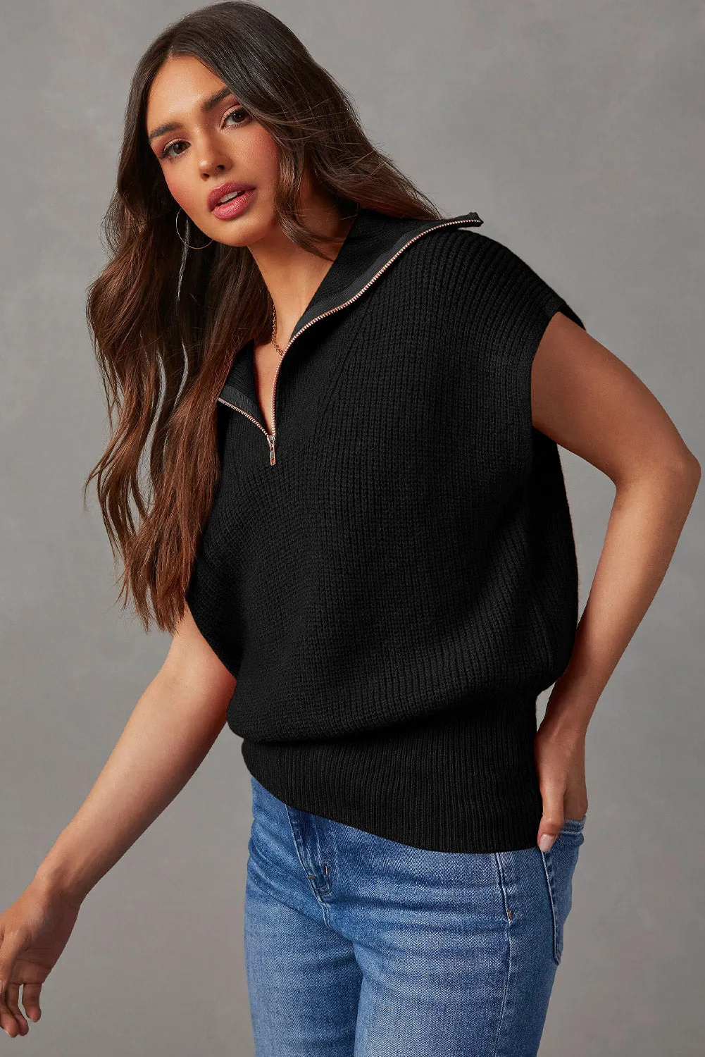 Black Zip up Collared Cap Sleeve Sweater