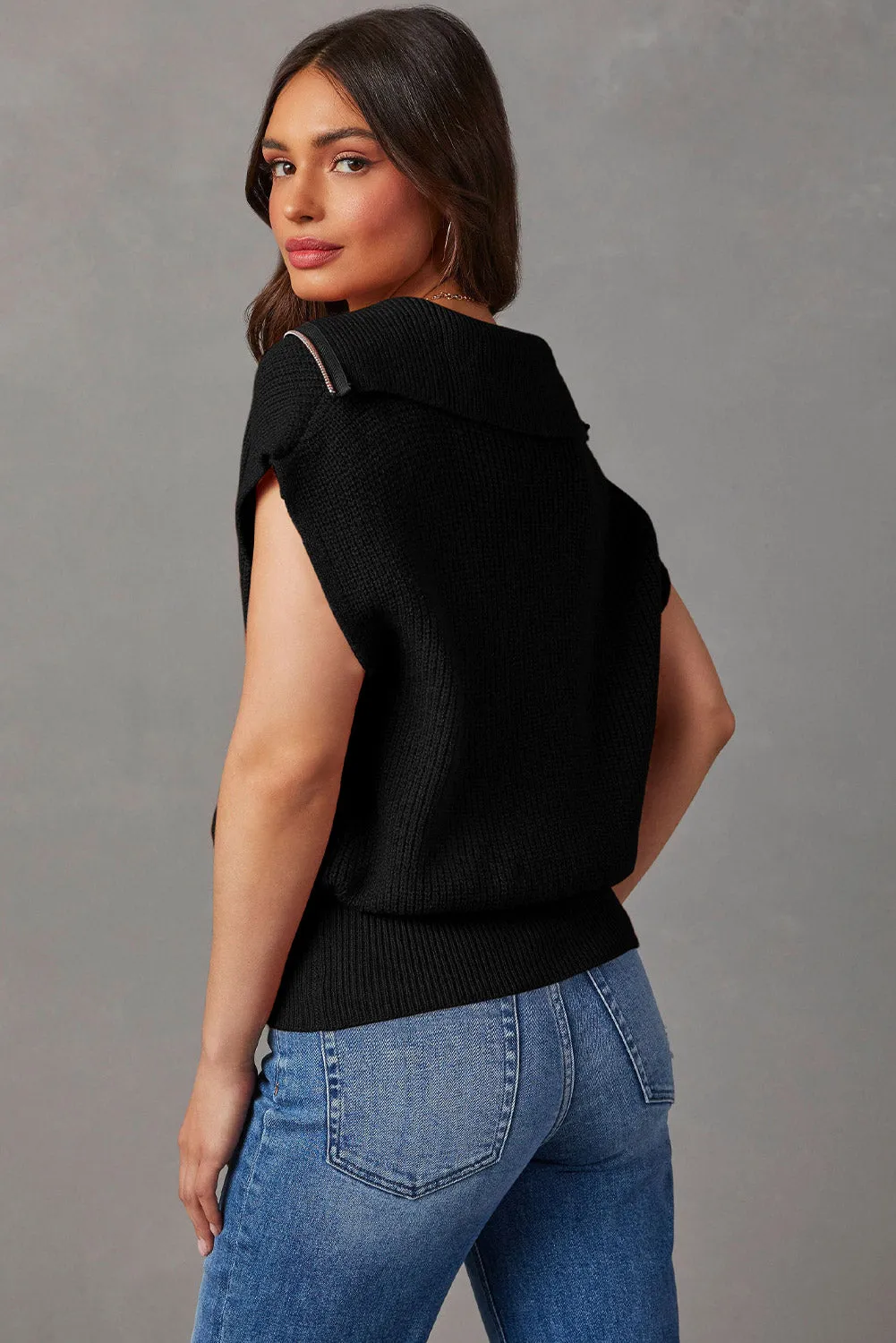 Black Zip up Collared Cap Sleeve Sweater