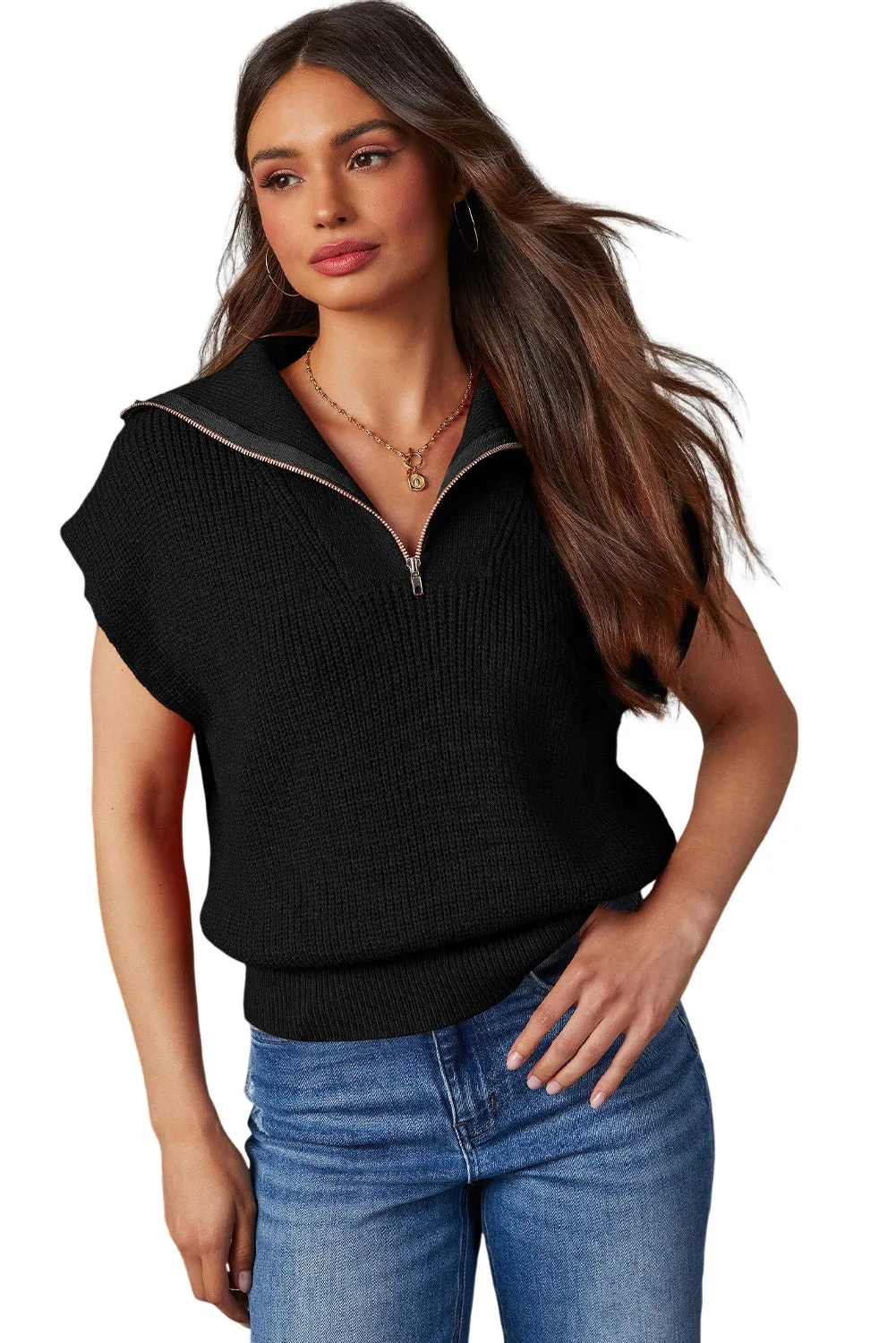 Black Zip up Collared Cap Sleeve Sweater