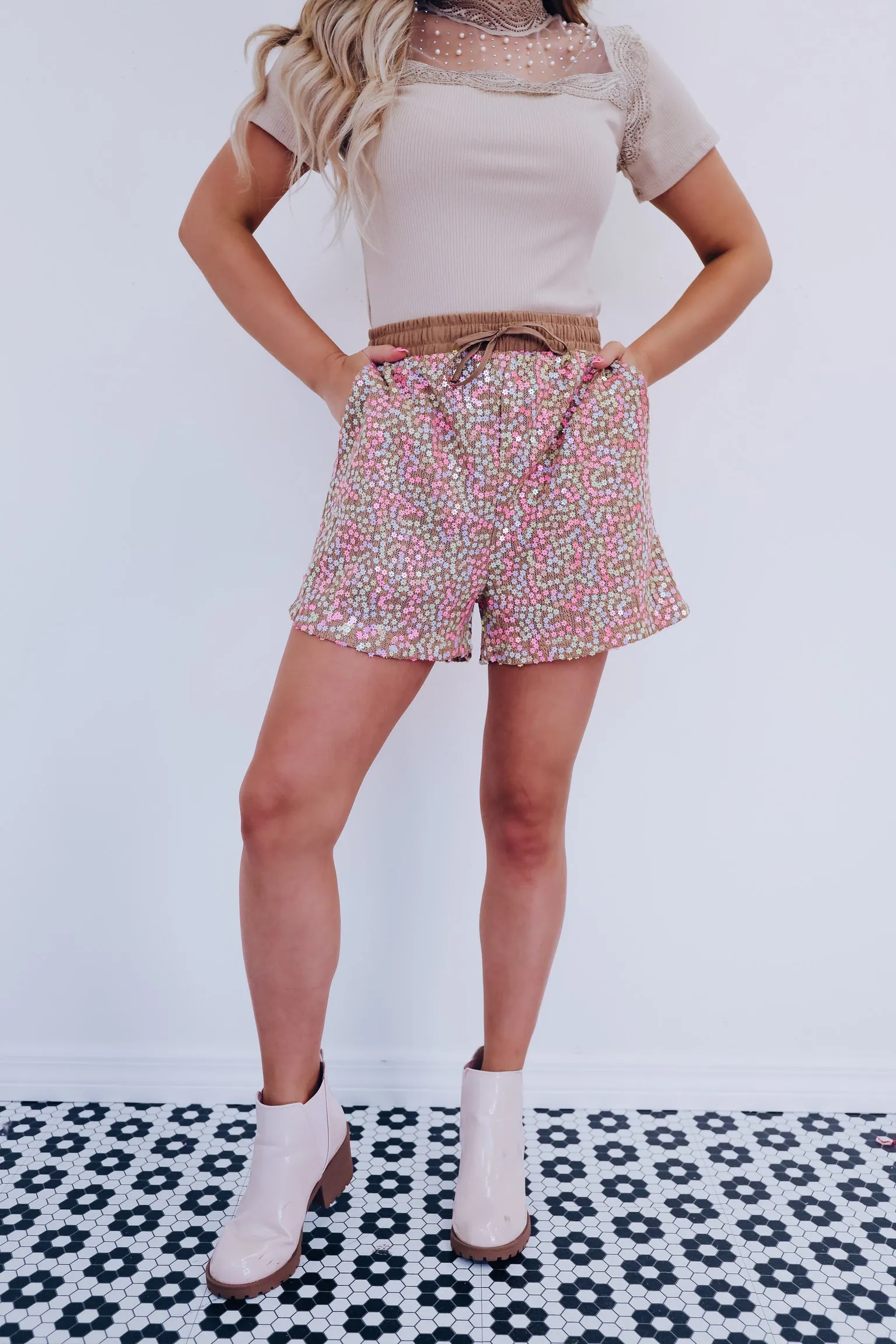Blossom Floral Sequin Shorts- Brown