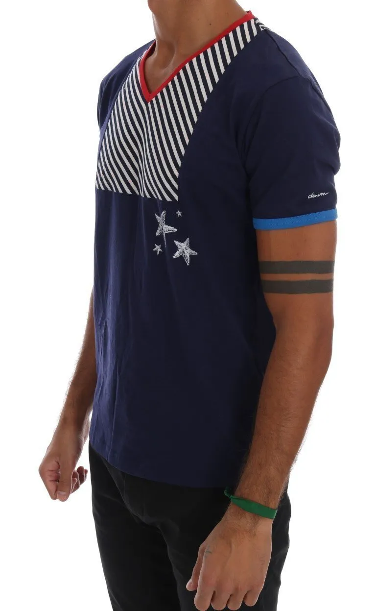 Blue Cotton V-neck Motive Print T-Shirt