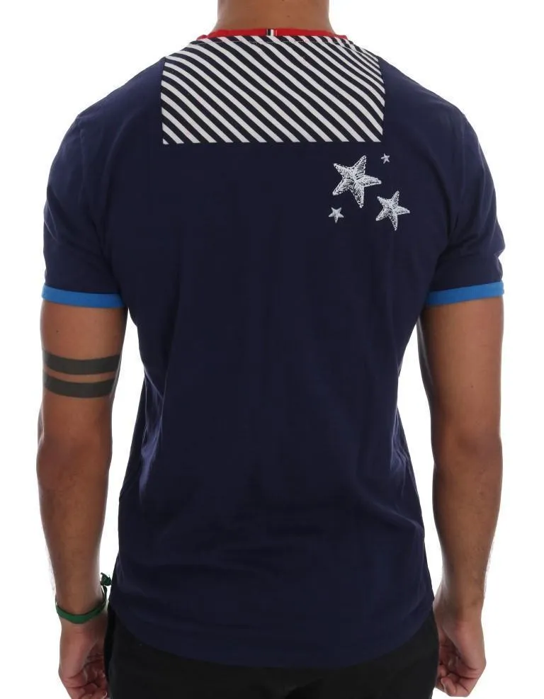 Blue Cotton V-neck Motive Print T-Shirt
