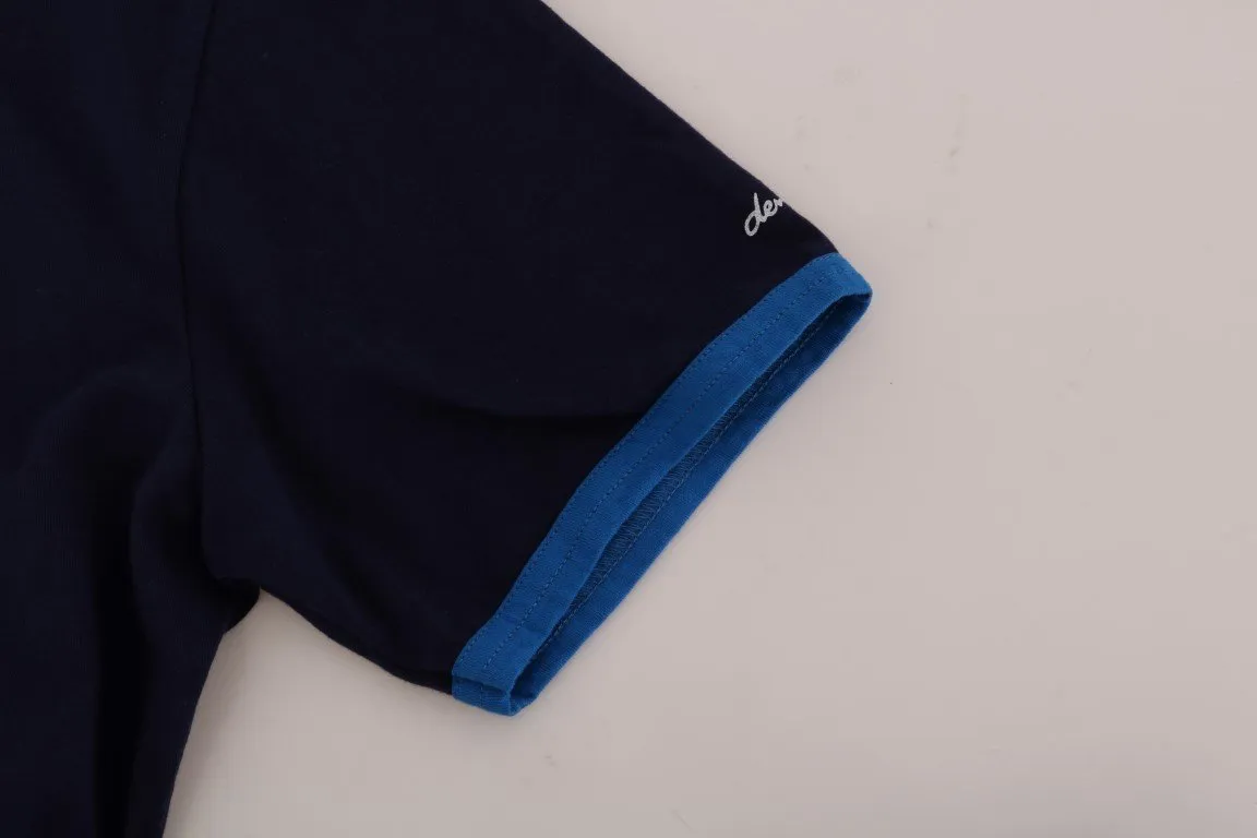 Blue Cotton V-neck Motive Print T-Shirt