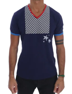 Blue Cotton V-neck Motive Print T-Shirt
